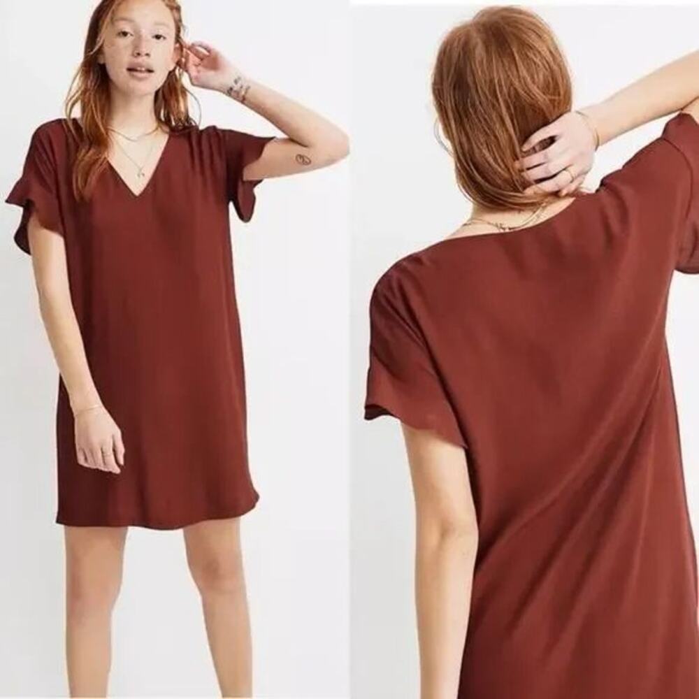 Madewell Rusted Burgundy Ruffle Sleeve Flowing Lightweight V-Neck Easy Dress